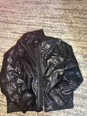 Zara Black Faux Leather Bomber Jacket